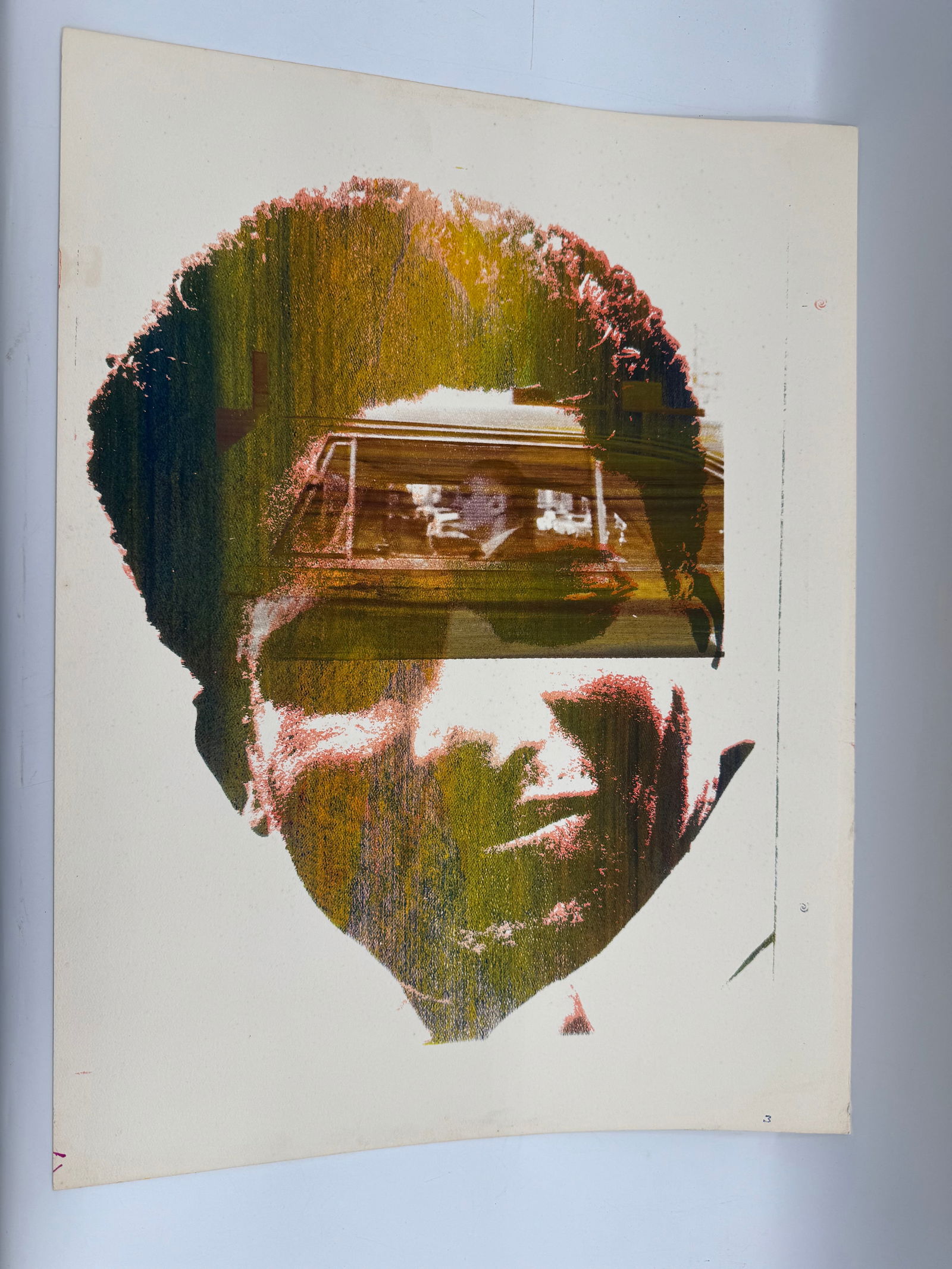 Abstract Portrait: Abstract print featuring possibly Huey Newton. Image size is 24 x 18 inches. Colors include brown, green, and yellow.