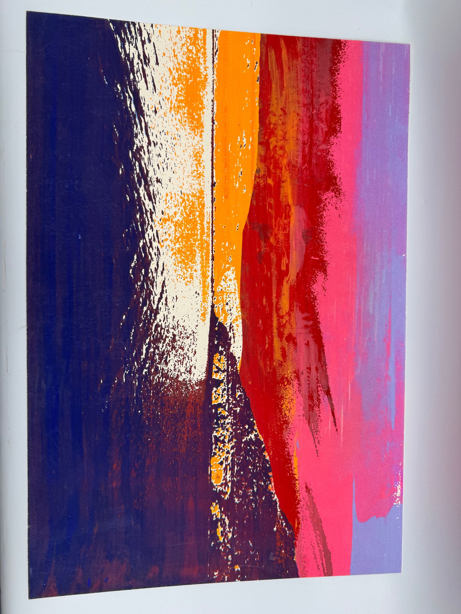 Abstract Landscape Print: Abstract landscape print featuring vibrant colors including purple, pink, orange, and blue. The painting measures 25 x 17 inches and depicts a stylized scene with land, sky, and water elements.