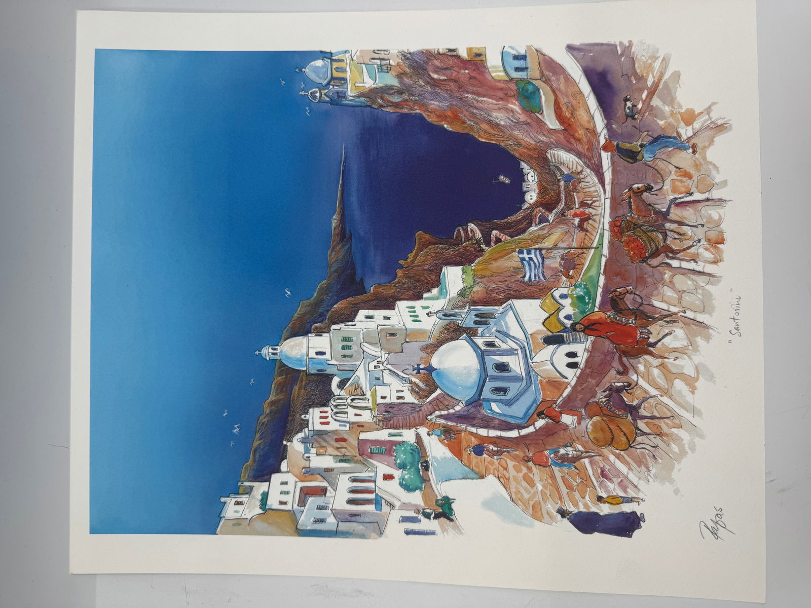 Print of Santorini by Papas: Watercolor painting on paper depicting a vibrant scene of Santorini, Greece, signed 'Papas' lower right. Image measures 17 x 14.5 inches.