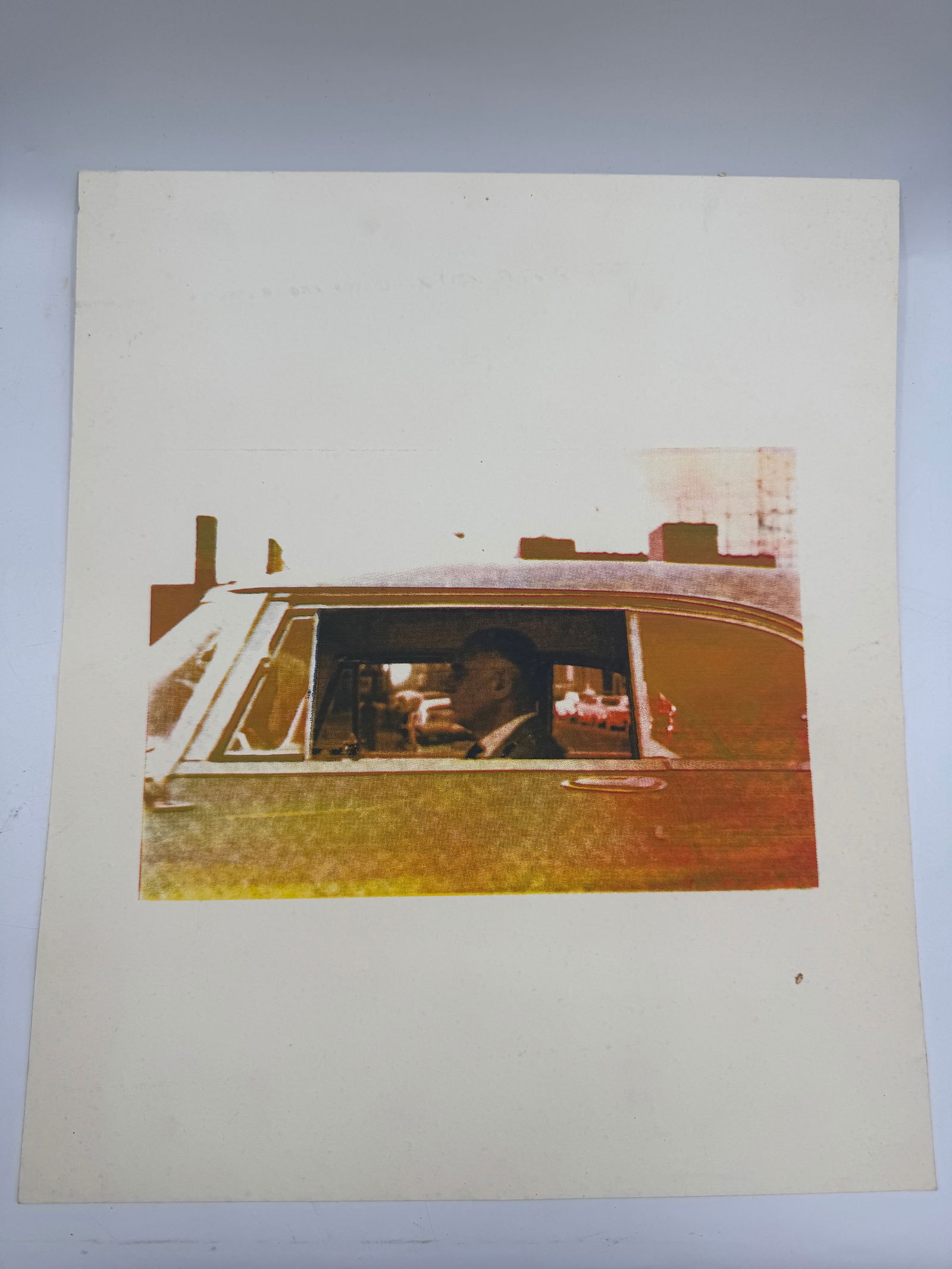 Man in Car, Vintage Print: Vintage print depicting a man in a car. Image size approximately 18 x 15 inches. Unframed.