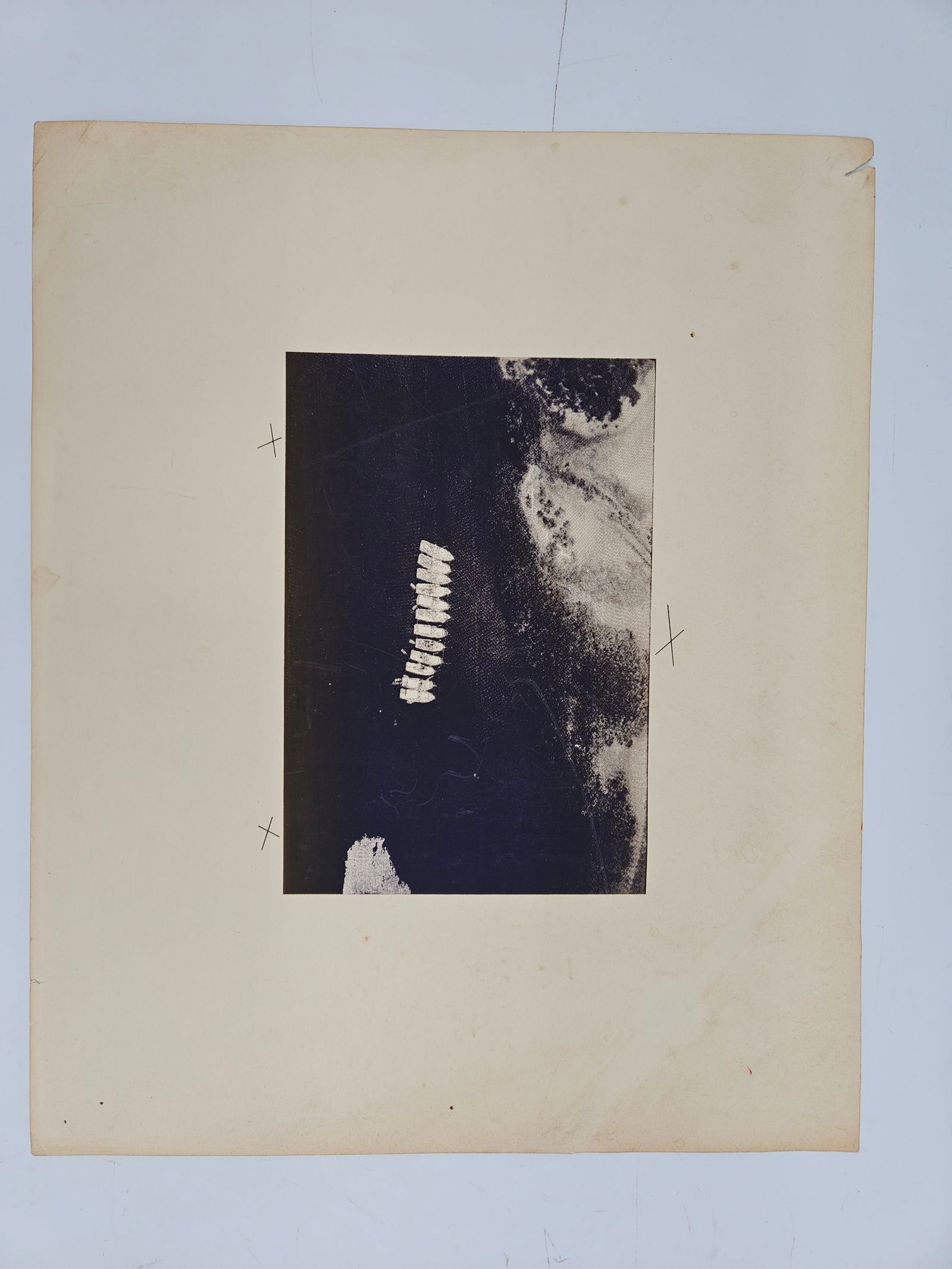 Aerial View of Boats: Vintage aerial print of photo depicting a group of boats at sea.Image size approximately 14 x 17 inches.