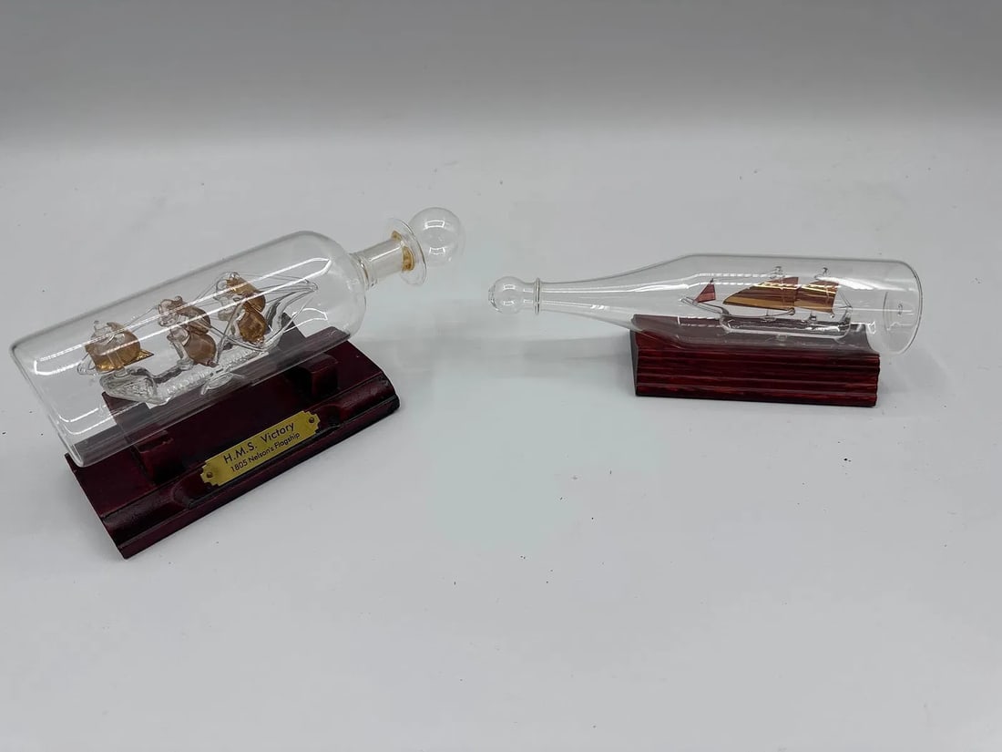 Pair of Ship-in-a-Bottle Models on Wood Stands (1 of 5)