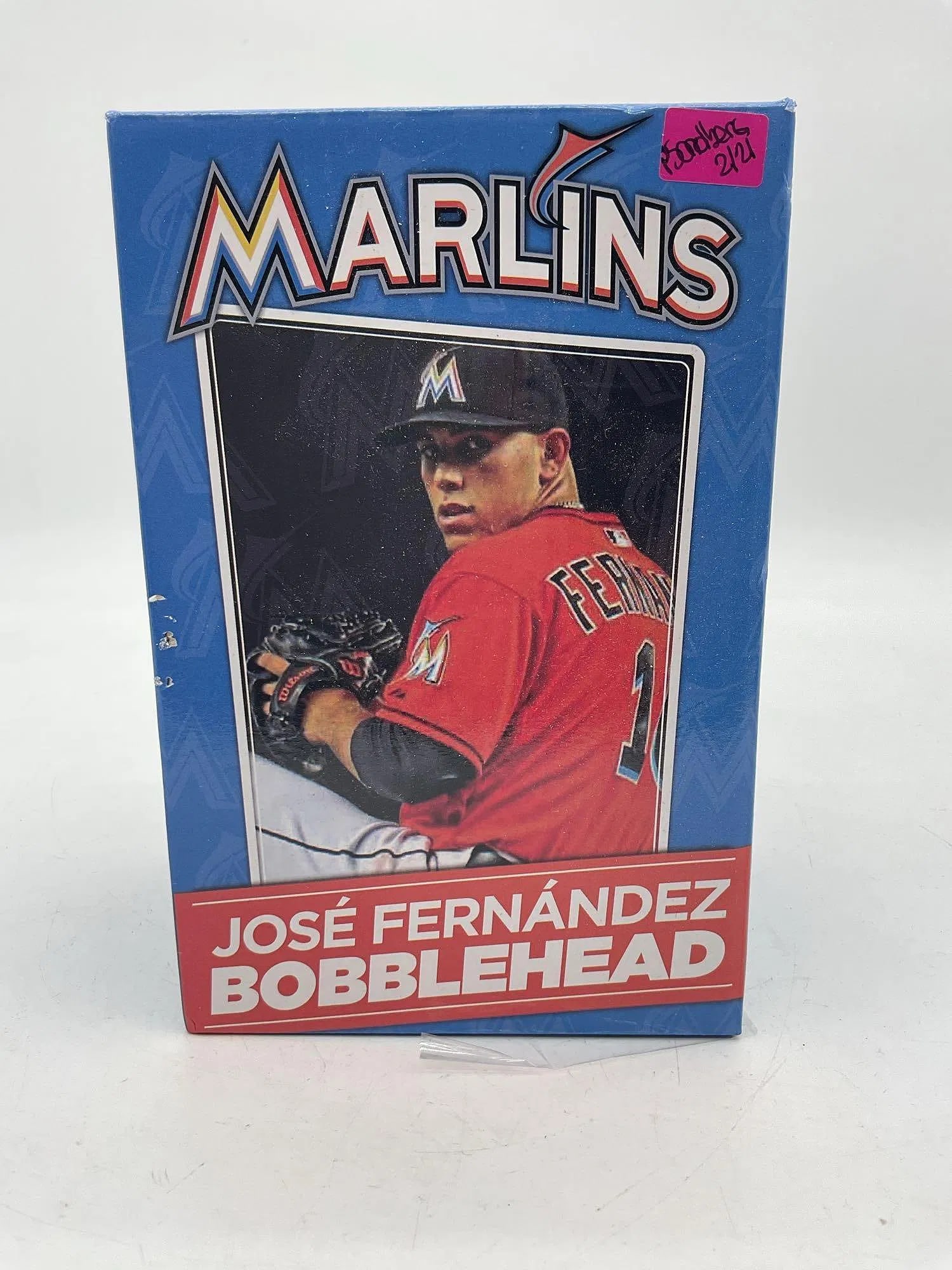 José Fernández Miami Marlins Bobblehead: A collectible José Fernández bobblehead, commemorating the late Miami Marlins pitcher. The bobblehead remains in its original packaging, featuring an action shot of Fernández in
