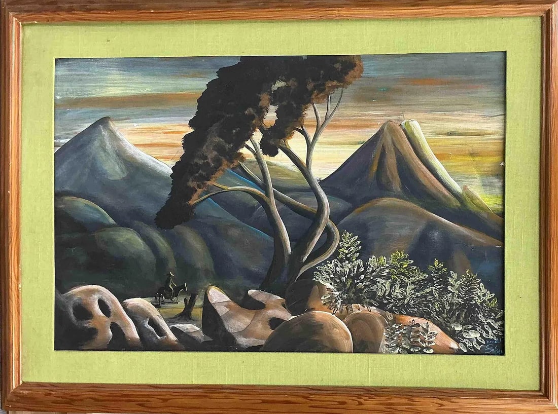 Mountain Landscape with Rider: Artist: Donald Solage Description: A dramatic landscape depicting a horseback rider amid a rocky foreground, with stylized mountains, lush foliage, and twisted trees beneath a sunset sky. Dimens