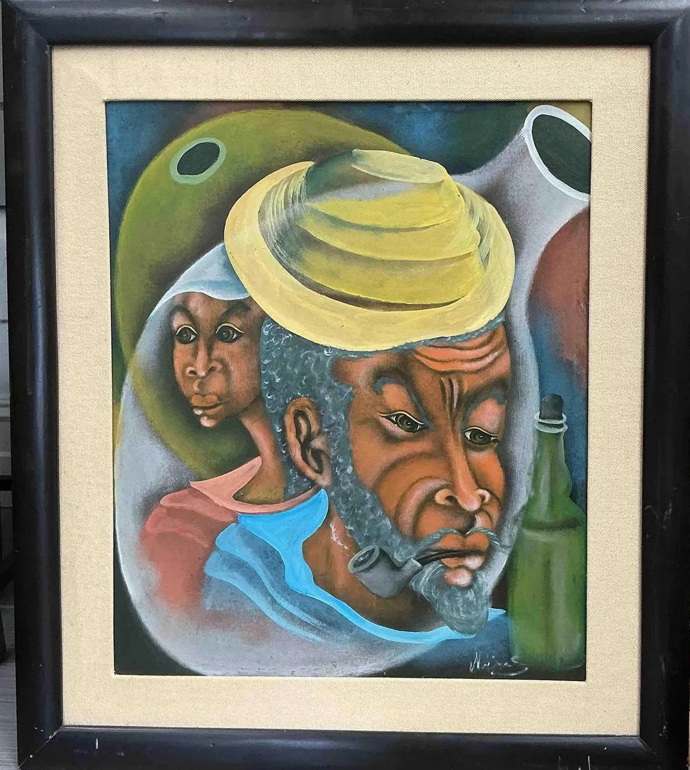 Muras - Haitian Portrait of Man and Child: Muras Description: Expressive portrait painting by Haitian artist Muras, featuring an elder man with a straw hat and pipe, accompanied by a young child in the background. The swirling background and m