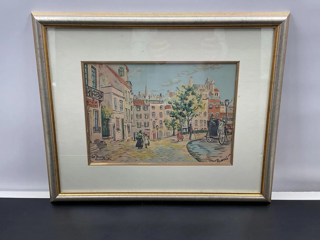 "La Butte Montmartre" by Brouche': This charming print captures a classic Parisian street scene in Montmartre, featuring historic buildings, a horse-drawn carriage, and pedestrians strolling through a quaint cobblestone square. The bri