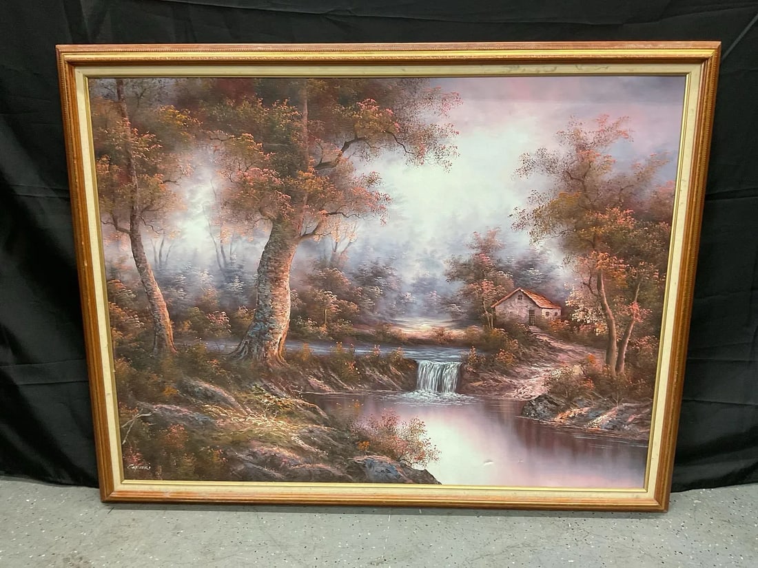 Tranquil Forest Landscape with Cottage and Waterfall by Cafieri: Lush, atmospheric oil painting signed by Cafieri, featuring a serene woodland scene with a stream, cascading waterfall, and a cottage nestled among trees. The soft pastel palette and glowing mist crea