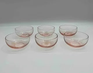 Set of 6 Murano Blush Pink Glass Bowls: Offered is a set of six Murano glass bowls in a soft blush pink tone. Each bowl features a gently rounded form with subtle coloration concentrated toward the base, creating a delicate gradient