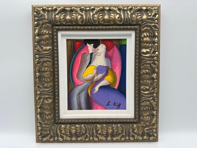 "The Life" by Linda Le Kinff (France, b.1949) Serigraph on Canvas with Appraisal: Description: A stylized and colorful portrait of a romantic couple, rendered in Le Kinff’s signature bold outlines and vibrant hues. The figures are set against a rich background of rounded shap