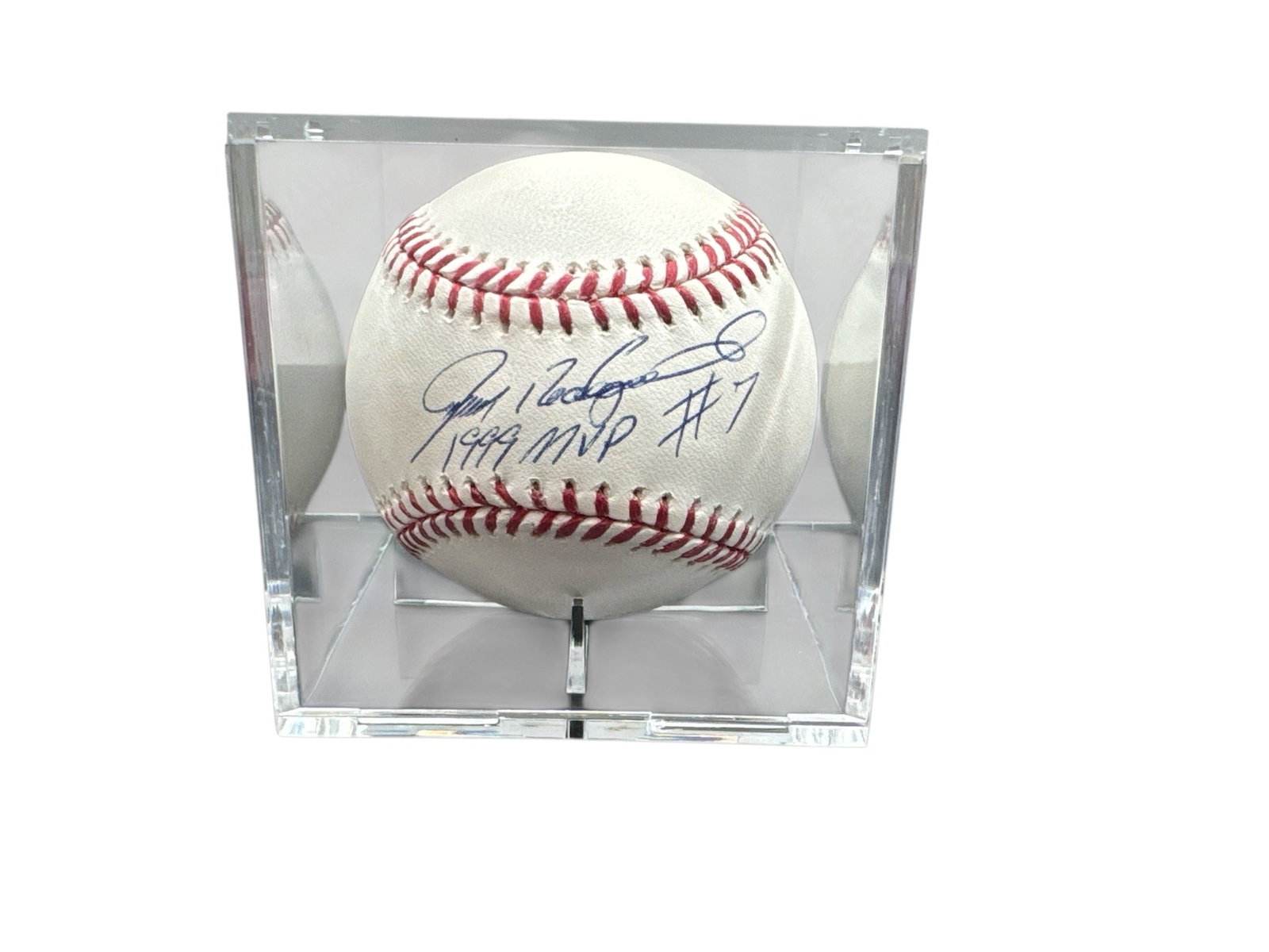Ivan Rodriguez Signed Rawlings Official Major League Baseball with JSA: This Rawlings Official Major League Baseball has been hand signed by Hall of Fame catcher Ivan Rodriguez and includes a HOF inscription along with his jersey number 7. The autograph is executed in blu
