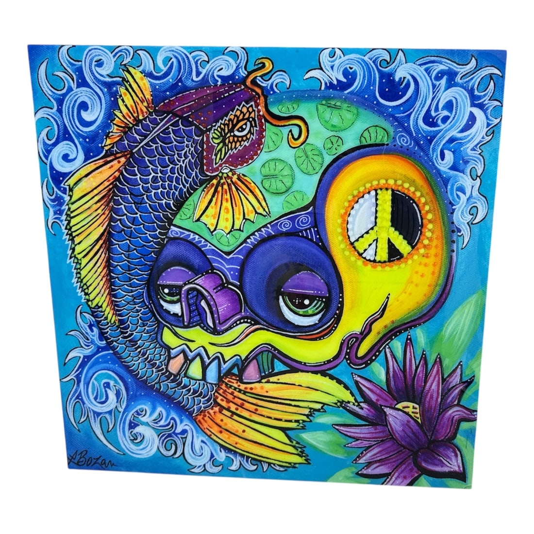 Bozan Signed Contemporary Pop Art Painting with Skull, Fish, and Peace Symbol: This large-scale contemporary pop art painting by Bozan features a vibrant surreal composition combining a stylized skull, an ornate fish, swirling ocean waves, lotus flowers, and a peace symbol motif