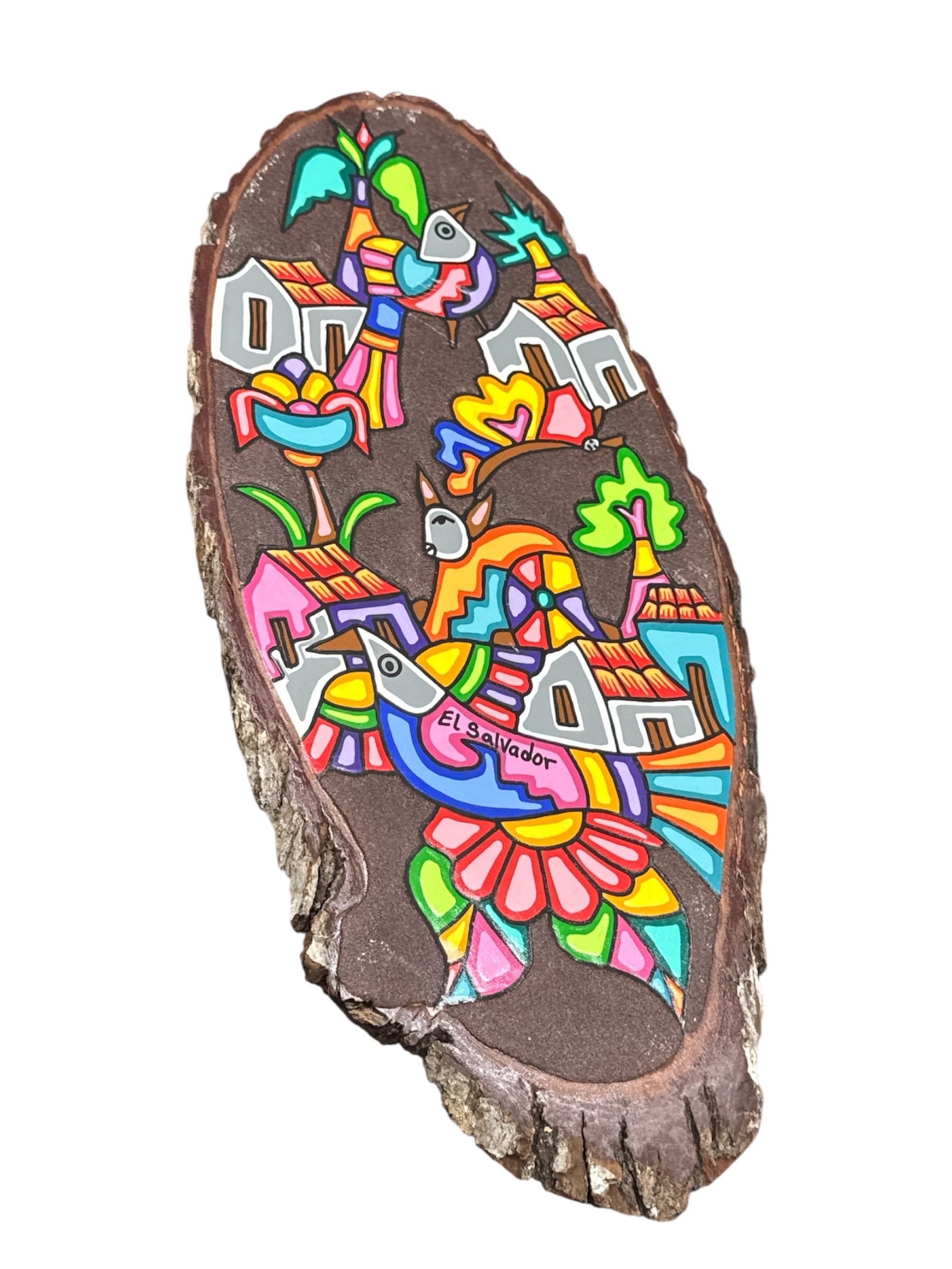 El Salvador Folk Art Hand Painted Wood Slice Plaque: Hand painted folk art plaque executed on a natural live-edge wood slice, featuring a vibrant village scene with stylized houses, birds, foliage, and abstract geometric elements rendered in bold, satur