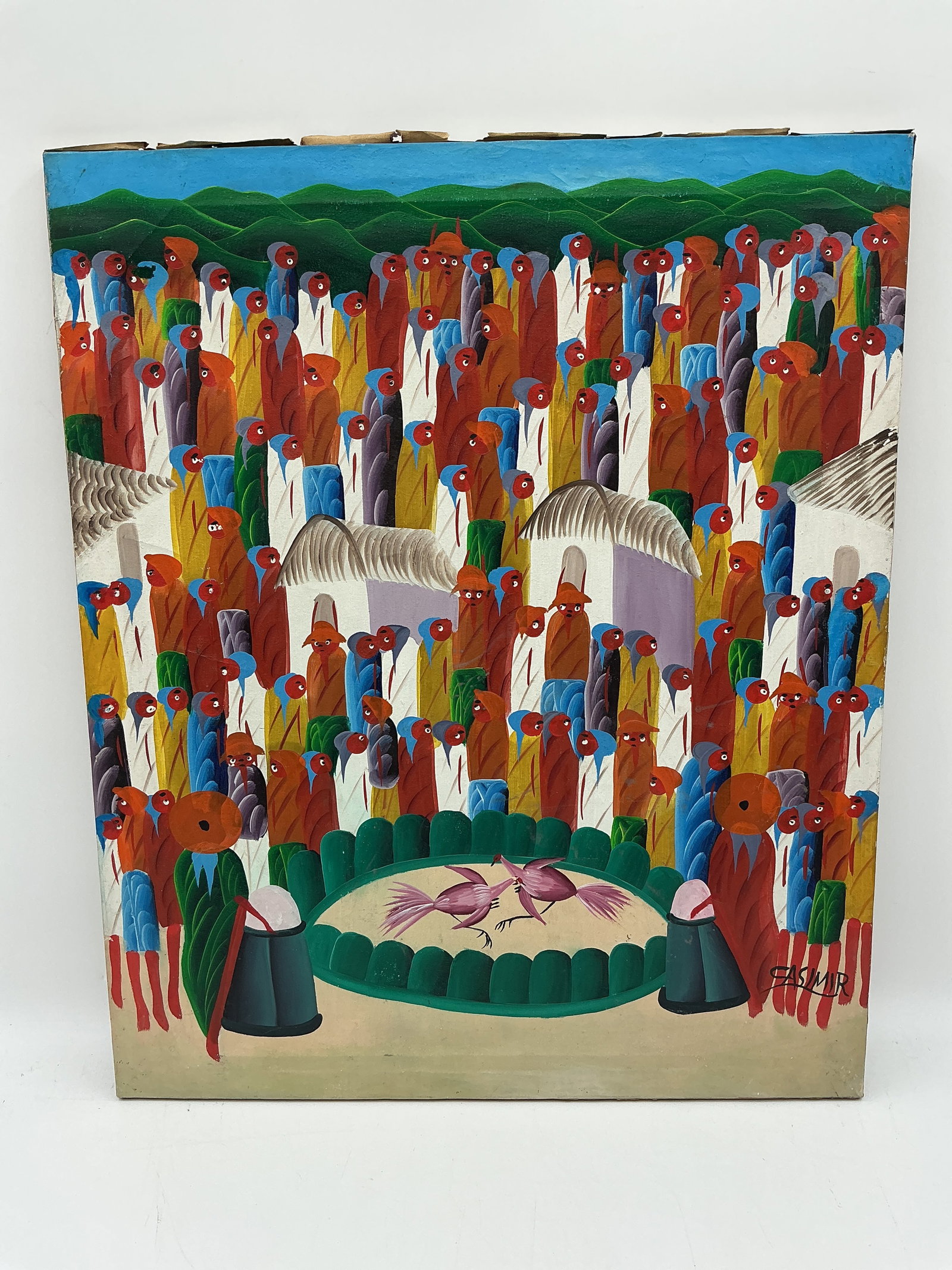 Cockfight Scene by Laurent Casimir (Haiti, 1928-1990) Oil on Canvas: Description: Painting by Casimir, depicting a cockfight scene with numerous spectators. Signed lower right. Medium: Oil on canvas Dimensions: H:24in W:20in 