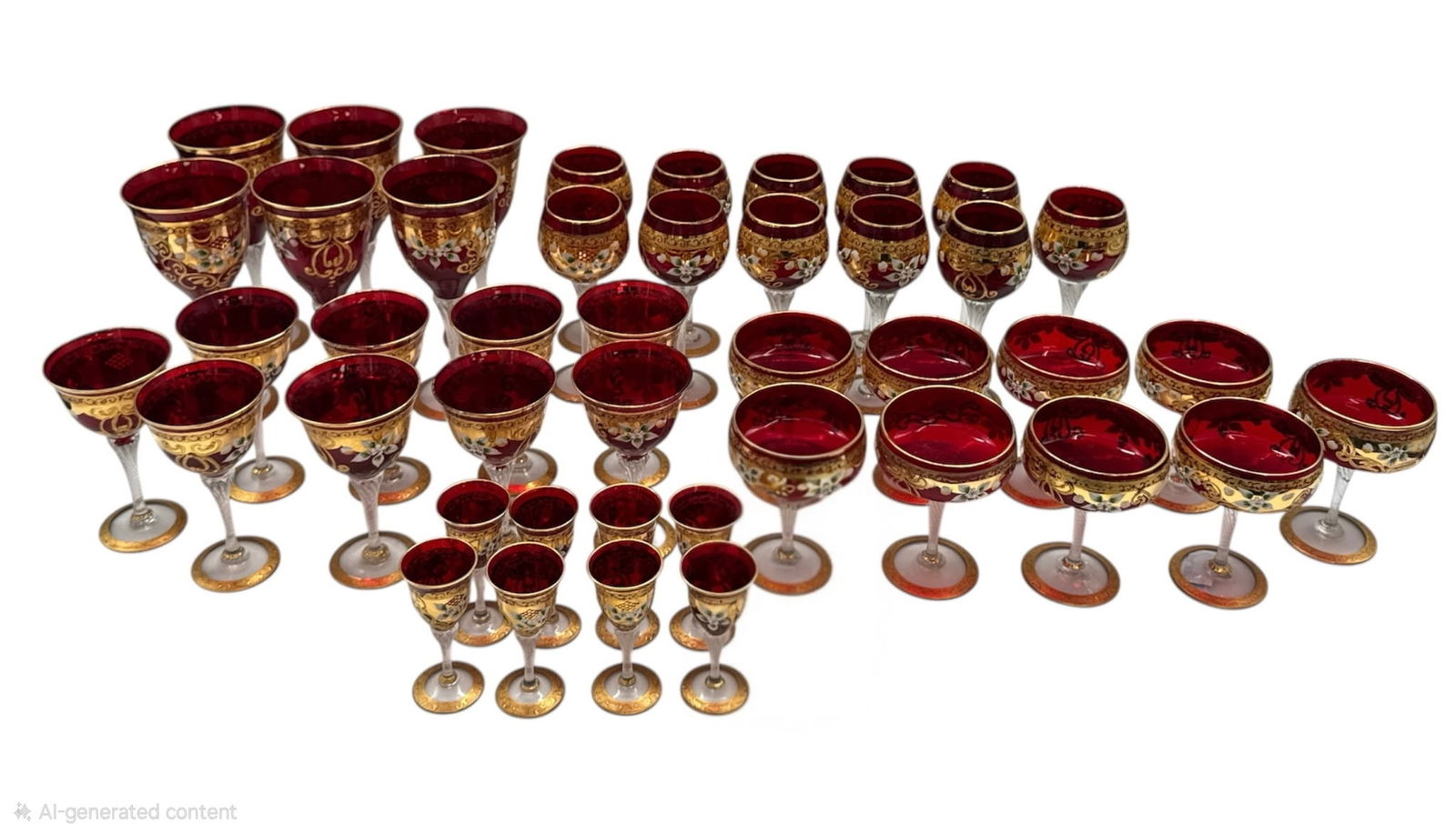 RARE Large Set of 43 Bavarian Ruby Red and Gilt Decorated Stemware Glasses (1 of 6)