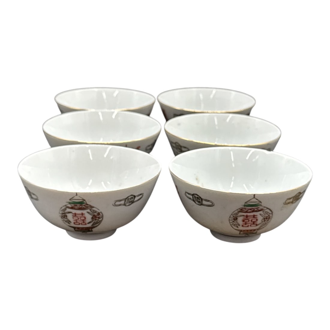 Set of 6 Taiwanese Porcelain Bowls with Traditional Symbol Motifs: Decorative set of six small porcelain bowls marked Made in Taiwan, Republic of China, featuring traditional red and gilt symbolic motifs including lantern and auspicio