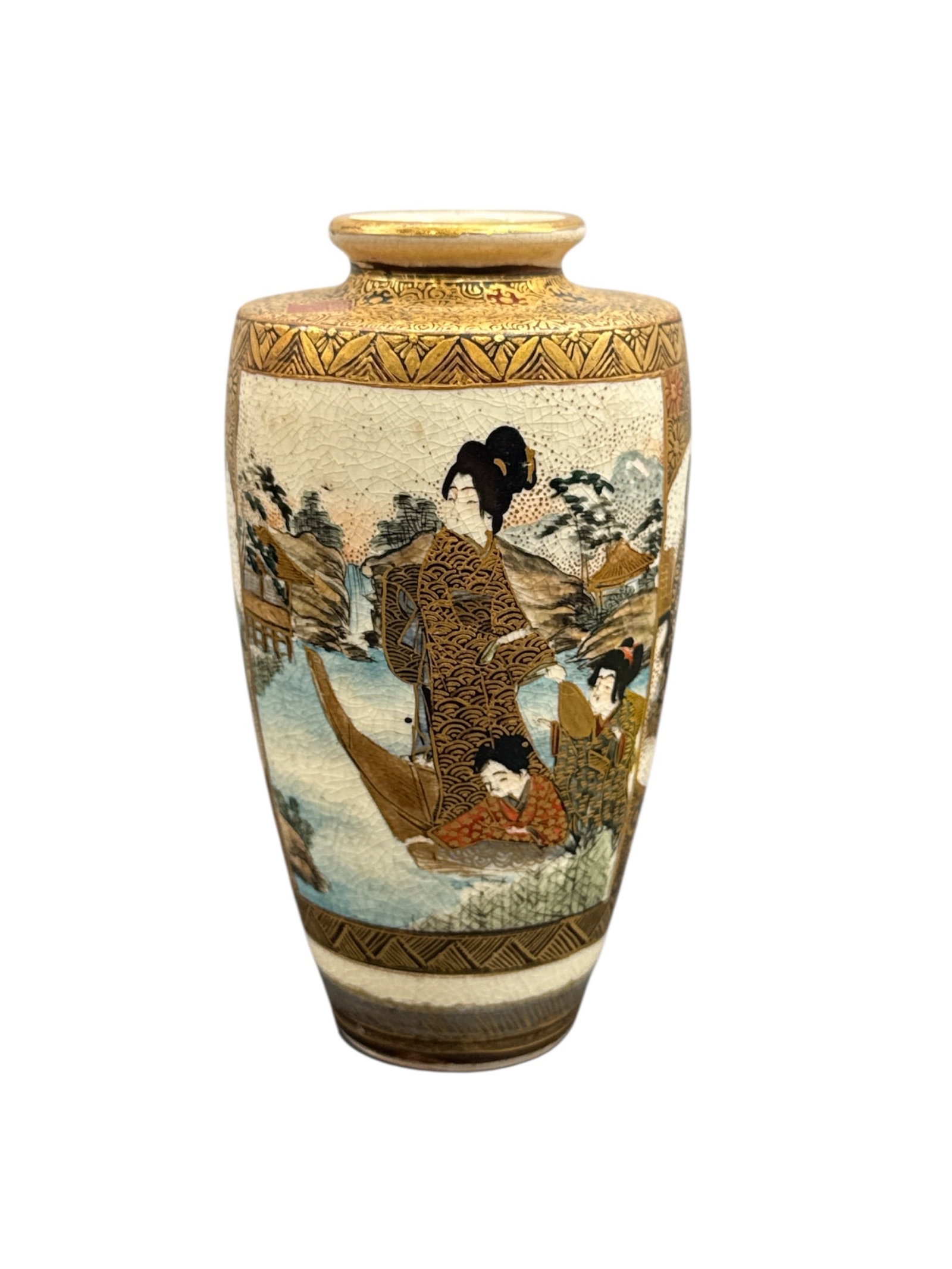 Japanese Satsuma Style Miniature Vase with Geisha Scene: This miniature Japanese Satsuma style vase features detailed hand-painted decoration depicting a traditional geisha figure in an outdoor landscape setting. The scene is enhanced with delicate gilt acc