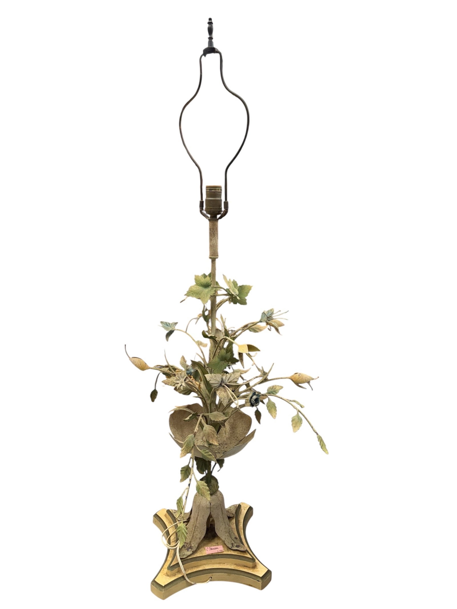 Mid Century Leviton Painted Metal Leaf Table Lamp with Wood Base: A decorative mid century table lamp by Leviton featuring an artistic arrangement of painted metal leaves and branches rising from a carved wooden base. The sculptural centerpiece forms a floral and fo