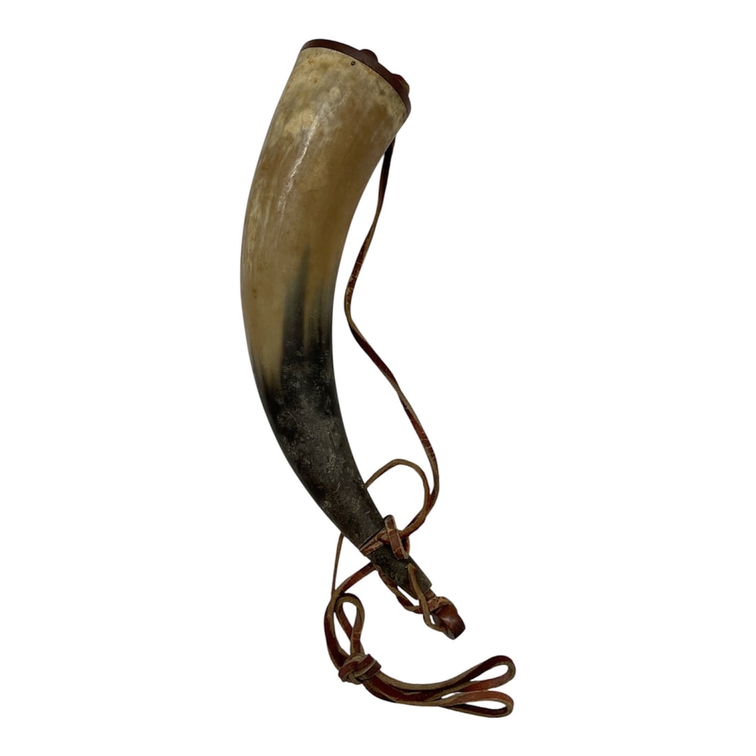 Antique Black Powder Horn with Leather Strap and Wooden Stopper: Antique Black Powder Horn with Leather Strap and Wooden Stopper Item Overview