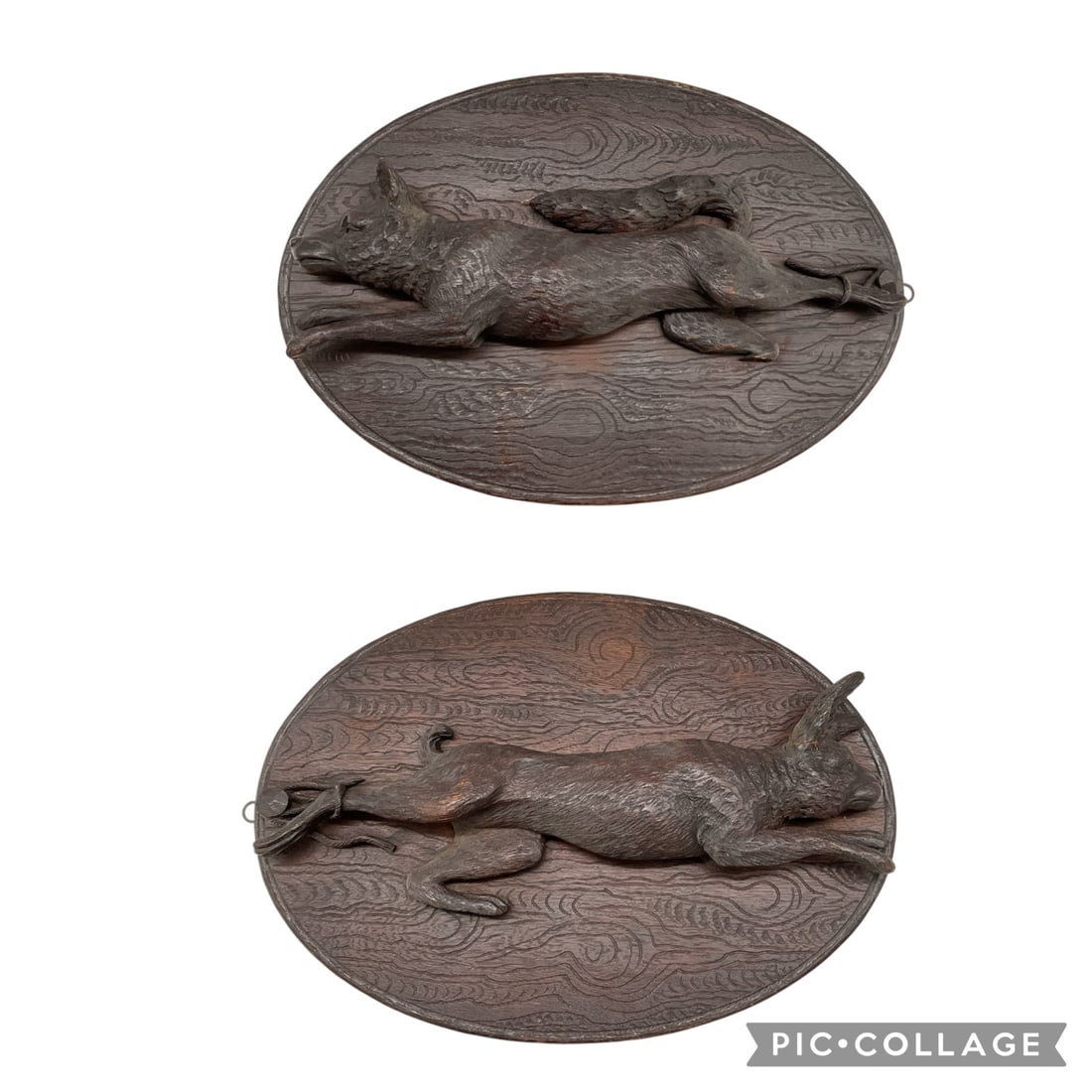 Pair of Carved Wood Wall Plaques with Hunting Dog in Relief: Decorative pair of carved wood wall plaques featuring raised relief depictions of a hunting dog in motion, set against a textured wood grain background. Each oval-form plaque showcases detailed carvin