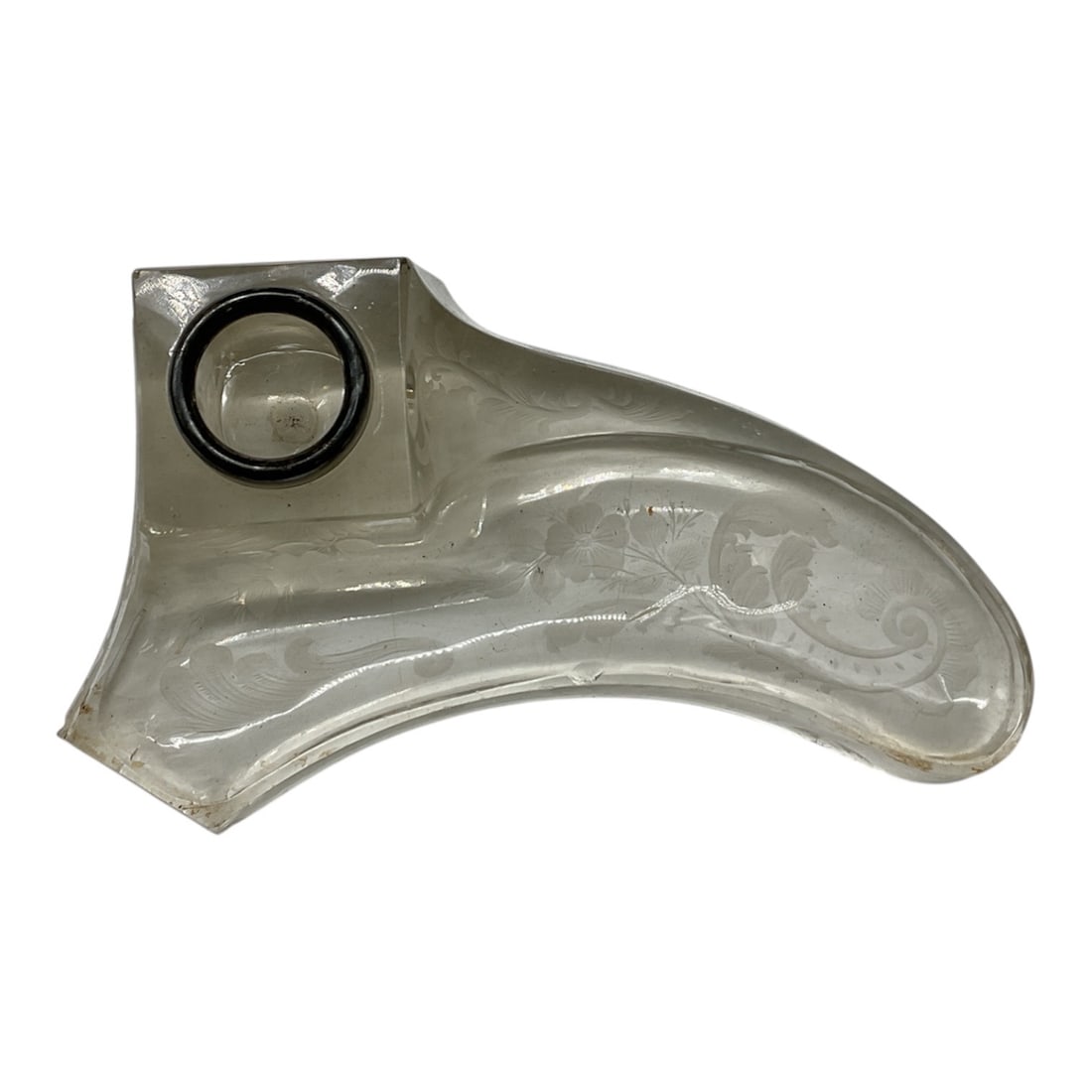 Curved Clear Glass Inkwell with Black Collar, 20th Century: A distinctive clear glass inkwell featuring an elongated, curved body with an integrated square reservoir and fitted black collar at the opening. The form is both functional and sculptural, with subtl