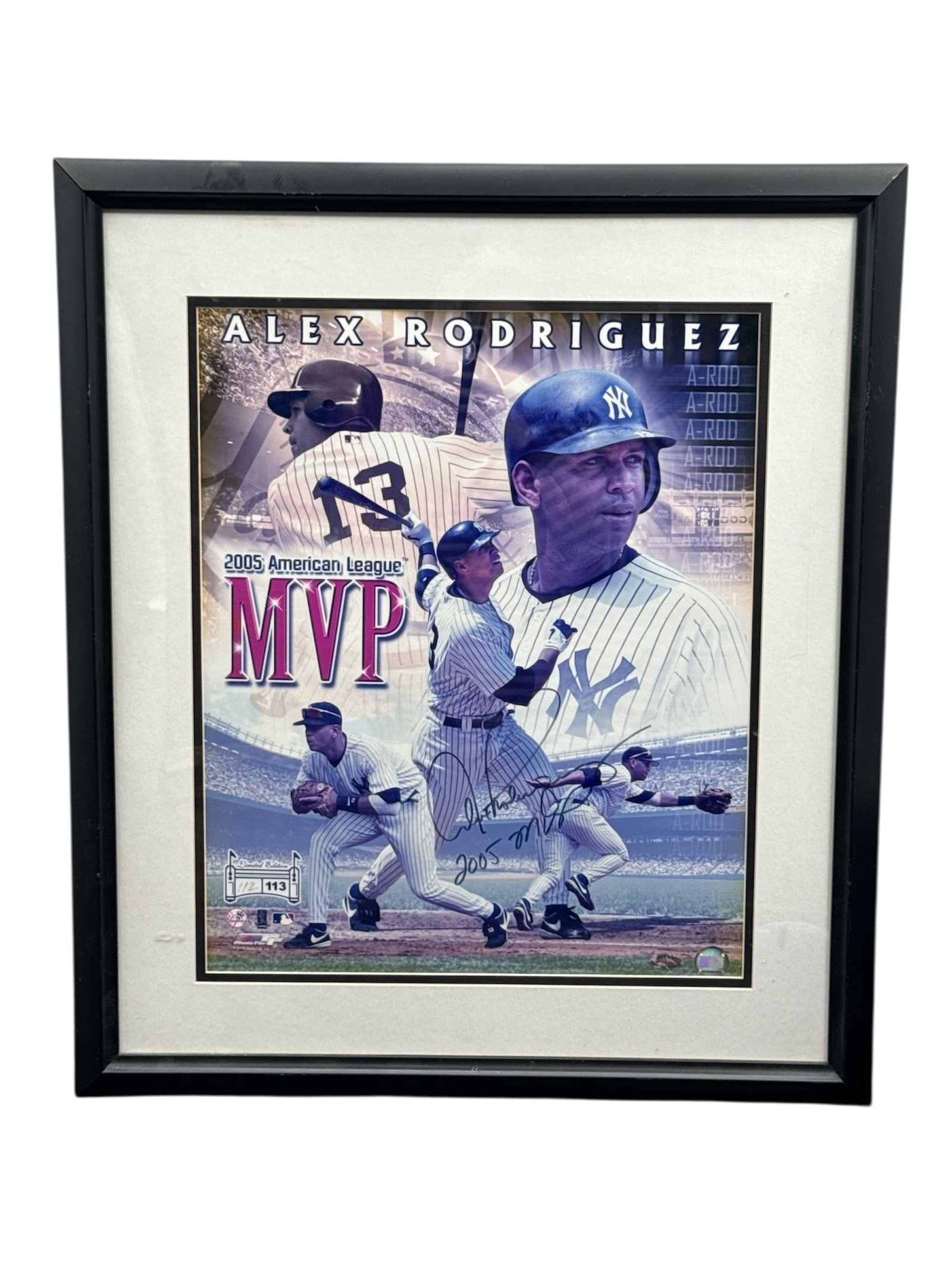 Alex Rodriguez A-Rod 2005 AL MVP New York Yankees Framed Collage Photo: This framed Alex Rodriguez display celebrates his American League MVP achievement with a visually striking collage featuring action imagery and bold MVP graphics. The piece is professionally presented