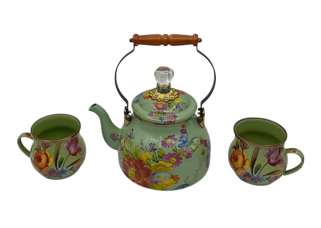 MacKenzie-Childs Floral Enamel Tea Kettle with Matching Cups Set (1 of 4)