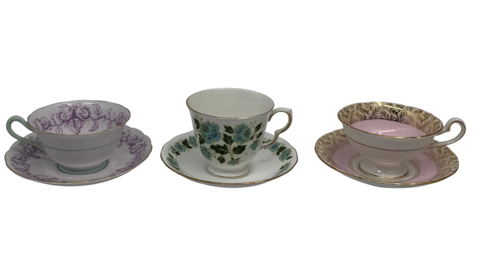 Three English Bone China Teacups and Saucers Including Grosvenor, Royal Vale, and Royal Stafford (1 of 7)