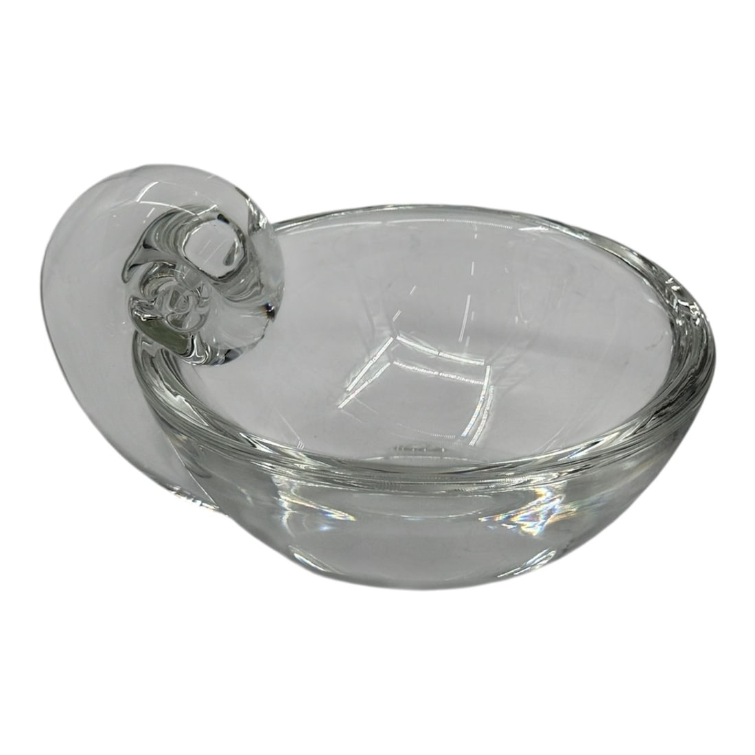 Steuben Crystal Olive Dish with Duck Handle: A clear crystal olive dish produced by Steuben Glass, featuring a sculptural duck-form handle attached to a shallow rounded dish. The elegant design combines functional tableware with artistic glasswo