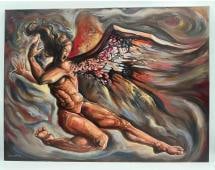 "Scream of Ascent" by Darwin: A striking and emotional composition by Darwin, dated 2013, depicting a muscular winged figure in mid-leap, seemingly caught between anguish and transcendence. The dynamic brushwork and vivid palette