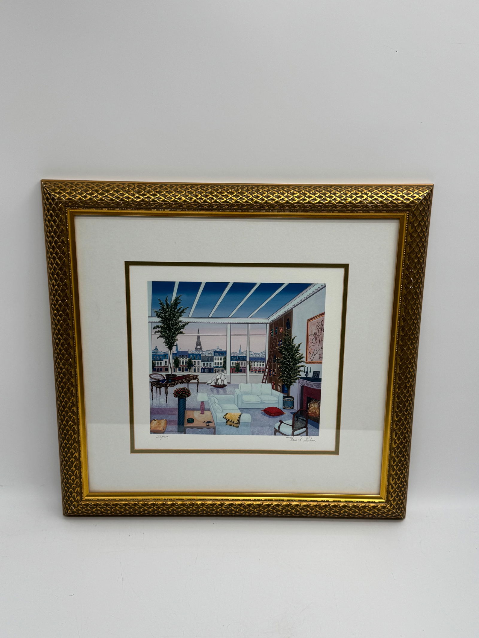 Salon Parisien Fanch Ledan (French, b. 1949), Color Serigraph: Chic interior scene by Fanch Ledan, titled “Salon Parisien.” The work depicts a stylish modern living room with