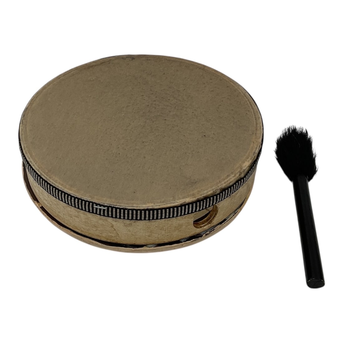 Vintage-Style Handheld Frame Drum with Mallet – Natural Goatskin Head: Description:This versatile percussion instrument is ideal for folk music, meditation, or as a decorative cultural piece. It features a circular wooden frame with a natural, unbleached skin head,