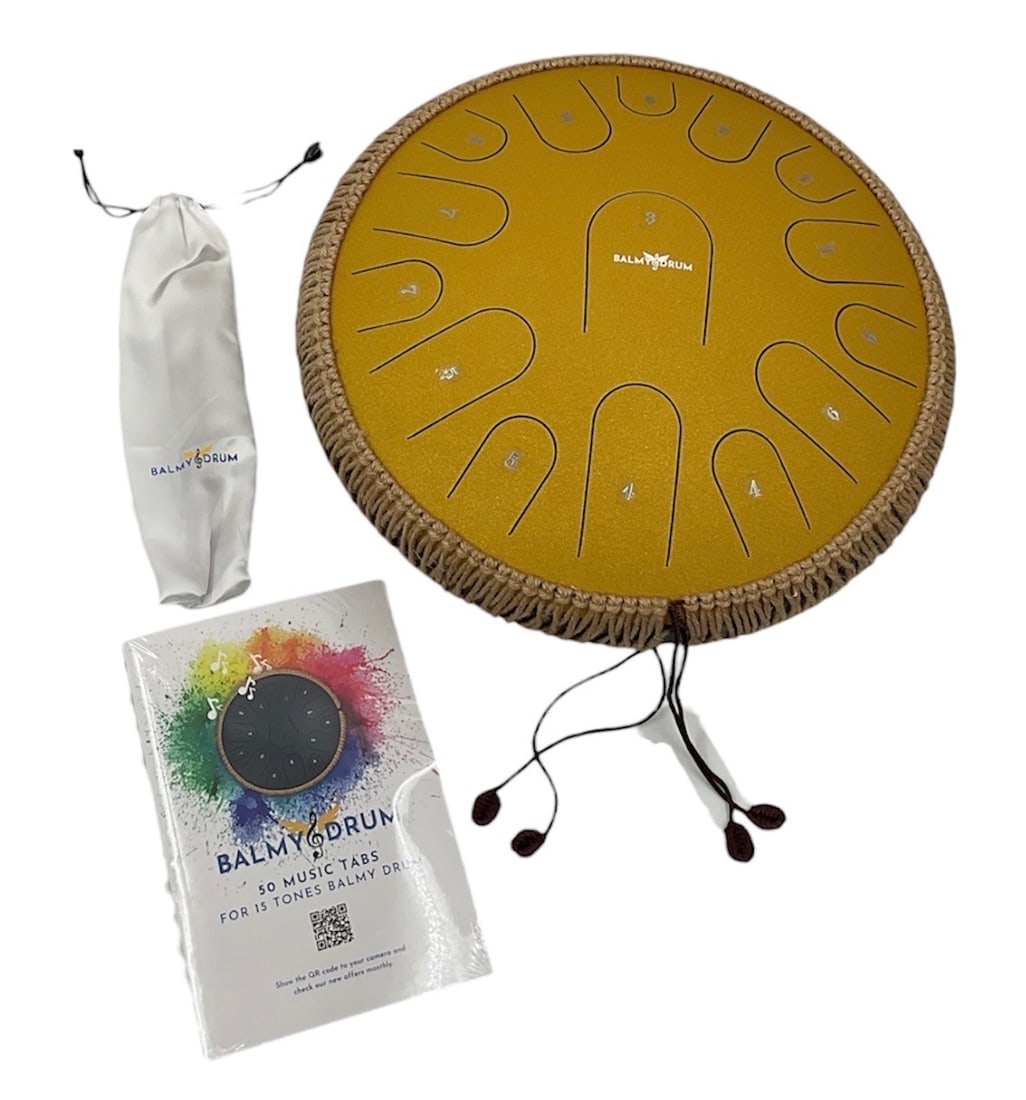 Balmy Steel Tongue Drum: 14-inch Balmy Steel Tongue Drum featuring 15 precision-tuned notes. Known for its ethereal, calming sounds, it is an ideal tool for meditation, yoga, and sound therapy.Auction Item