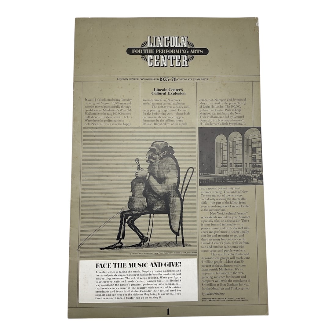 Lincoln Center for the Performing Arts Promo: vintage-style Lincoln Center for the Performing Arts promotional or informational broadside, likely from the 1978-79 season. It features a central caricature by the renowned