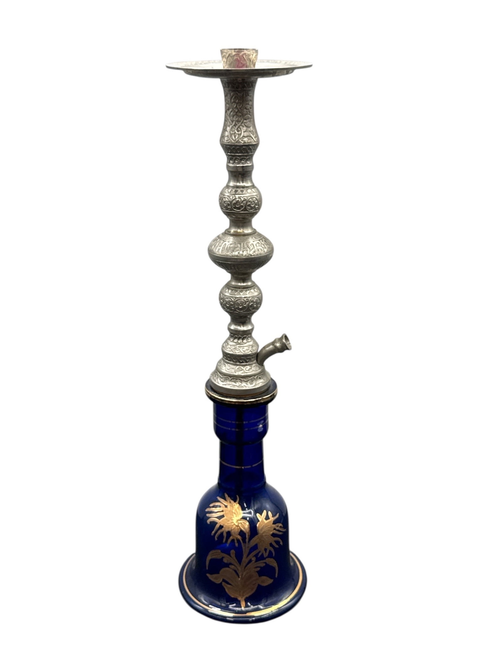 Decorative Glass and Metal Hookah Base: Decorative hookah featuring a cobalt blue glass base embellished with gilt floral motifs, surmounted by a turned metal stem with a textured silver-tone finish. The piece displays classic Middle Easter