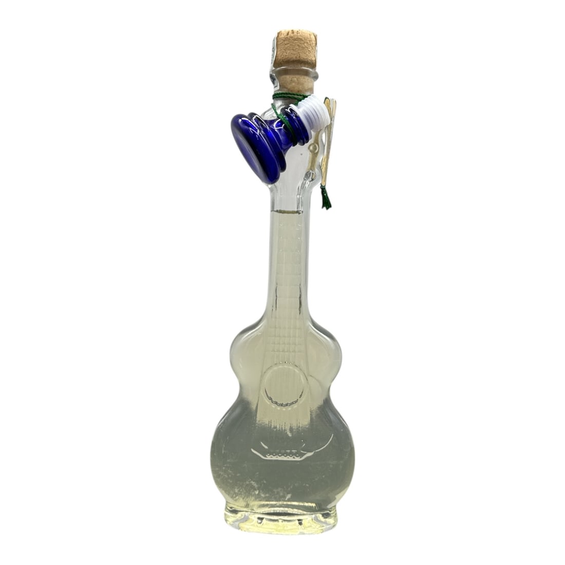 Sapori di Capri Limoncello Decorative Glass Bottle: Decorative glass bottle from Sapori di Capri, Laboratorio Artigianale, designed in the form of a stringed musical instrument. The clear glass bottle features applied cobalt blue glass elements at the