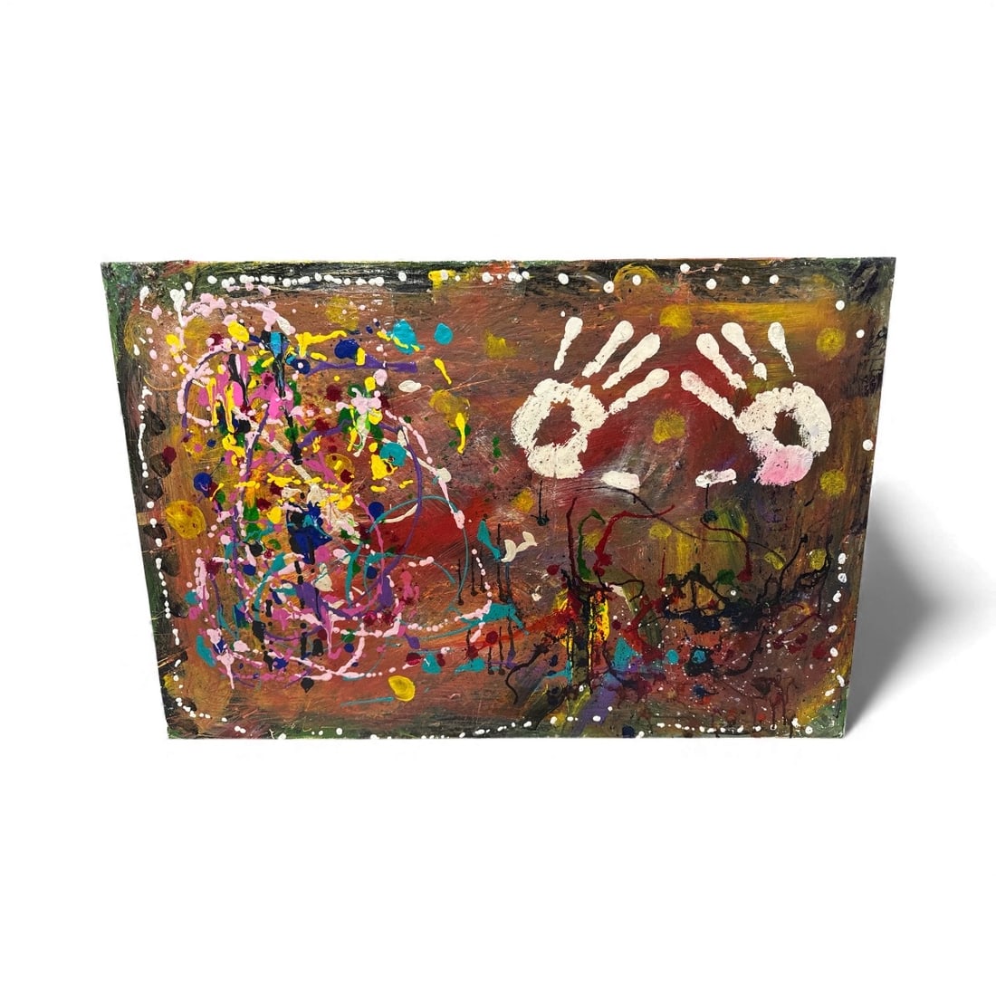 Pingo, Hand Signals, Mixed Media on Canvas: A vibrant and expressive abstract by Pingo, characterized by energetic splatter work, layered textures, and bold gestural markings. Two prominent white handprints emerge on the