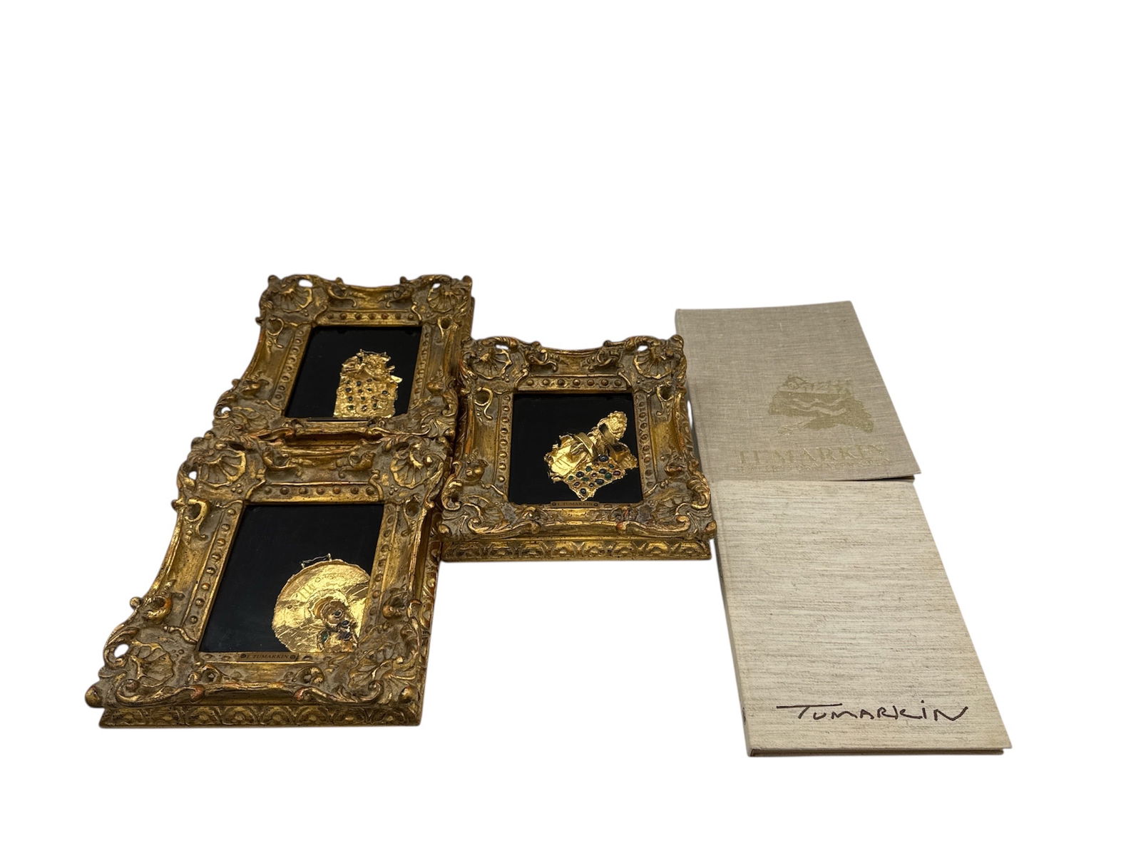 Igael Tumarkin Trio of Sculptural Relics in Gilt Rococo Frames: This exceptional offering features a curated trio of sculptural works by the renowned Israeli artist Igael Tumarkin. Known for his provocative and influential contributions to modern sculpture, Tumark