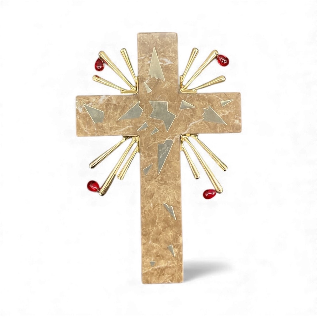 Crucifixion Cross by Salvador Dalí (Dalart N.V.): A limited-edition cross sculpture inspired by Salvador Dalí’s surrealist interpretation of the Crucifixion. Featuring a textured stone-like surface and radiating metal rods with red tips,