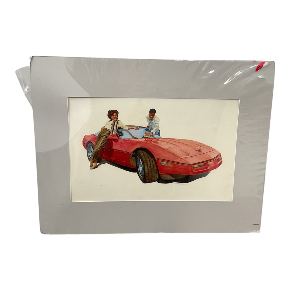 Chevrolet Corvette C4 Artwor, Signed, Artist Unkown: This artwork depicts a stylized scene featuring two figures and a classic red sports car, likely a Chevrolet Corvette C4
