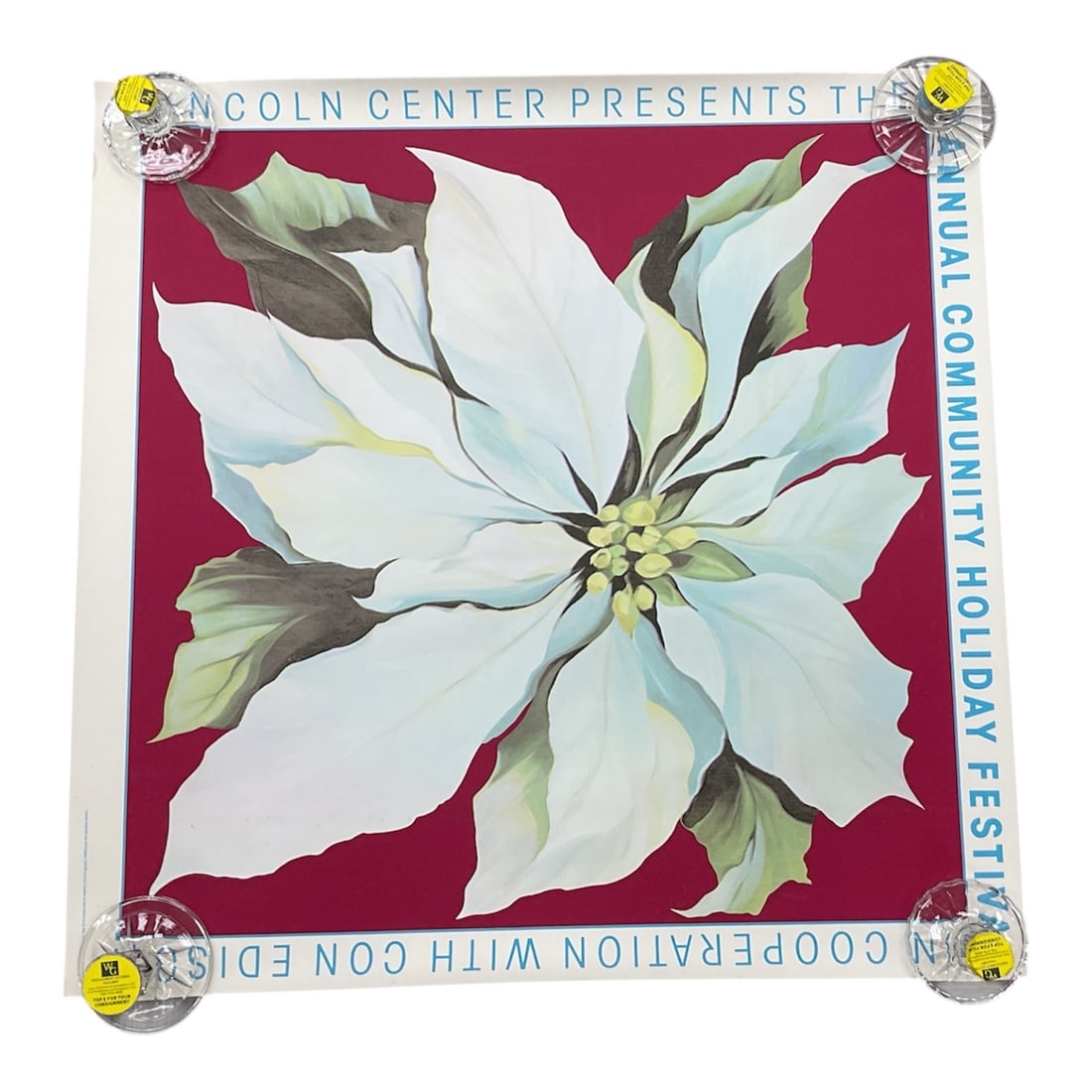 Annual Community Holiday Festival Poster by Lowell Nesbitt, Lincoln Center, 1978: A large-format poster for the Annual Community Holiday Festival presented by Lincoln Center, featuring artwork by Lowell Nesbitt. The composition depicts a large-scale poinsettia bloom rendered in Nes