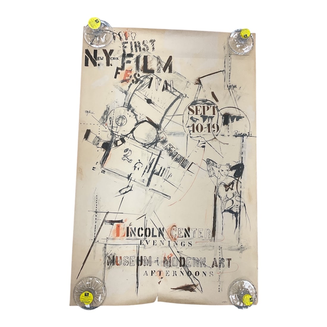 Limited Edition New York First Film Festival Poster by Larry Rivers, Signed and Dated 1963: A large-format poster for the First New York Film Festival at Lincoln Center, designed by Larry Rivers. The composition features an abstract, collage-like arrangement of linear and gestural elements w