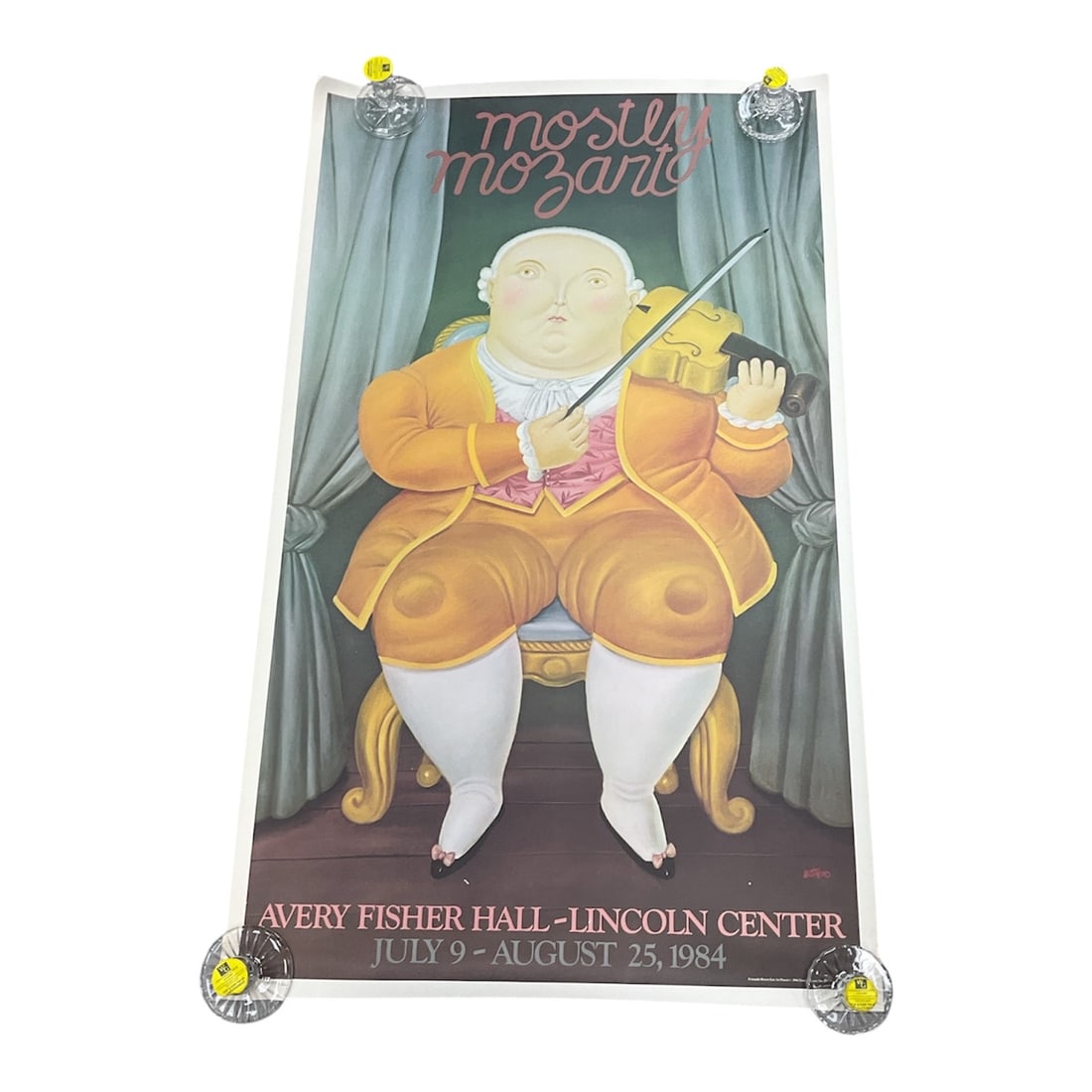 Mostly Mozart Poster by Fernando Botero, Avery Fisher Hall Lincoln Center, 1984: A large-format poster for the Mostly Mozart festival at Avery Fisher Hall, Lincoln Center, dated July 9–August 25, 1984. The design features a characteristic figure by Fernando Botero, depicting