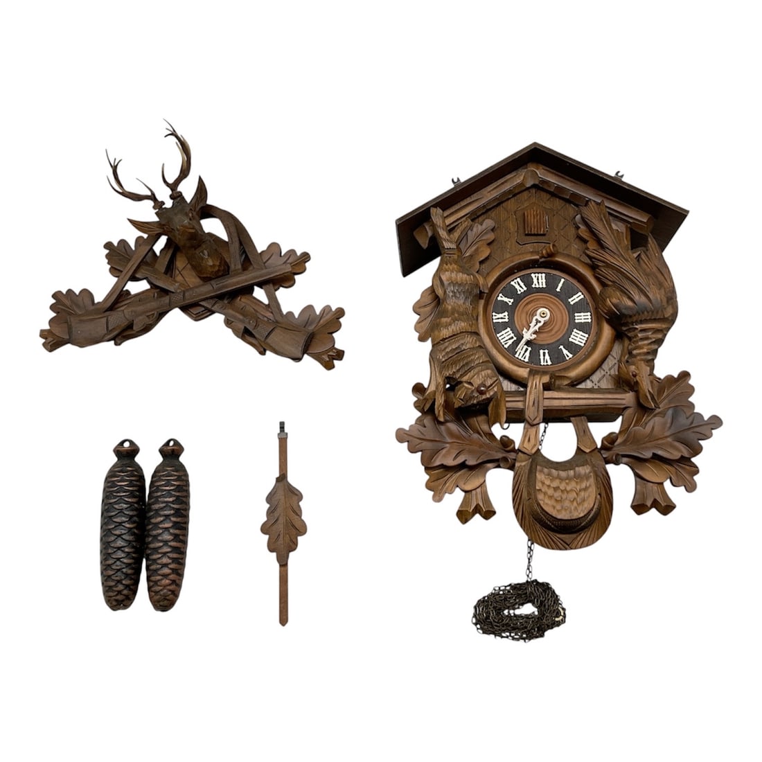German Black Forest Style Carved Wood Cuckoo Clock with Deer Crest, 20th Century (1 of 5)