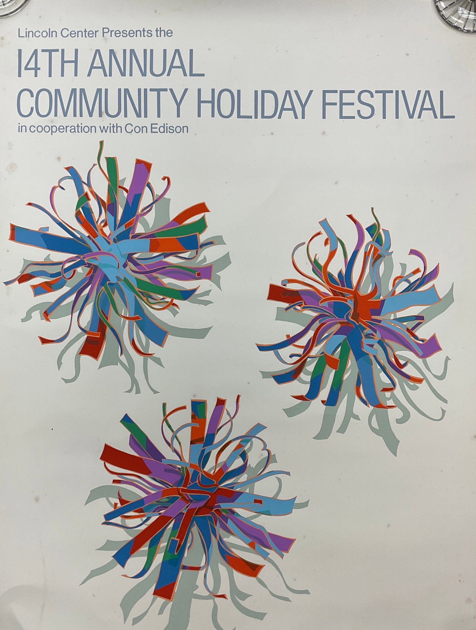 14th Annual Community Holiday Festival Poster by Dorothy Gillespie, Lincoln Center, 1984: A large-format poster for the 14th Annual Community Holiday Festival presented by Lincoln Center, featuring artwork by Dorothy Gillespie. The design showcases vibrant, abstract ribbon-like forms in mu