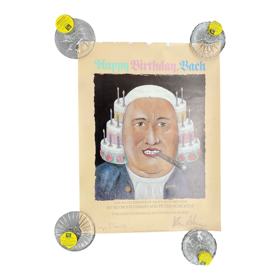 Happy Birthday Bach Poster, by Seymour Chwast, 1985, Signed: Color poster featuring a whimsical portrait of Johann Sebastian Bach with a cake-like wig adorned with lit candles, holding a cigar. Designed by Seymour Chwast and created in celebration of Bach&rsquo