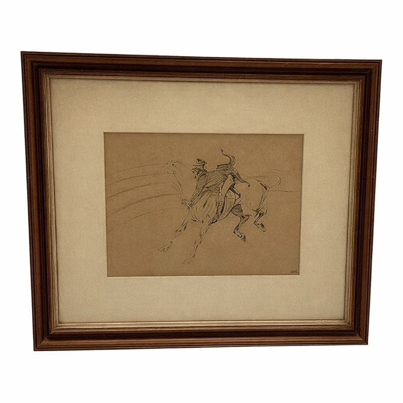 Chocolat, scéne comique" (Comic Scene, Chocolat) Henri de Toulouse-Lautrec, French: This expressive drawing depicts a dynamic equestrian scene featuring a rider in formal attire atop a galloping horse, rendered with confident, fluid line work. Executed on toned paper, the composition