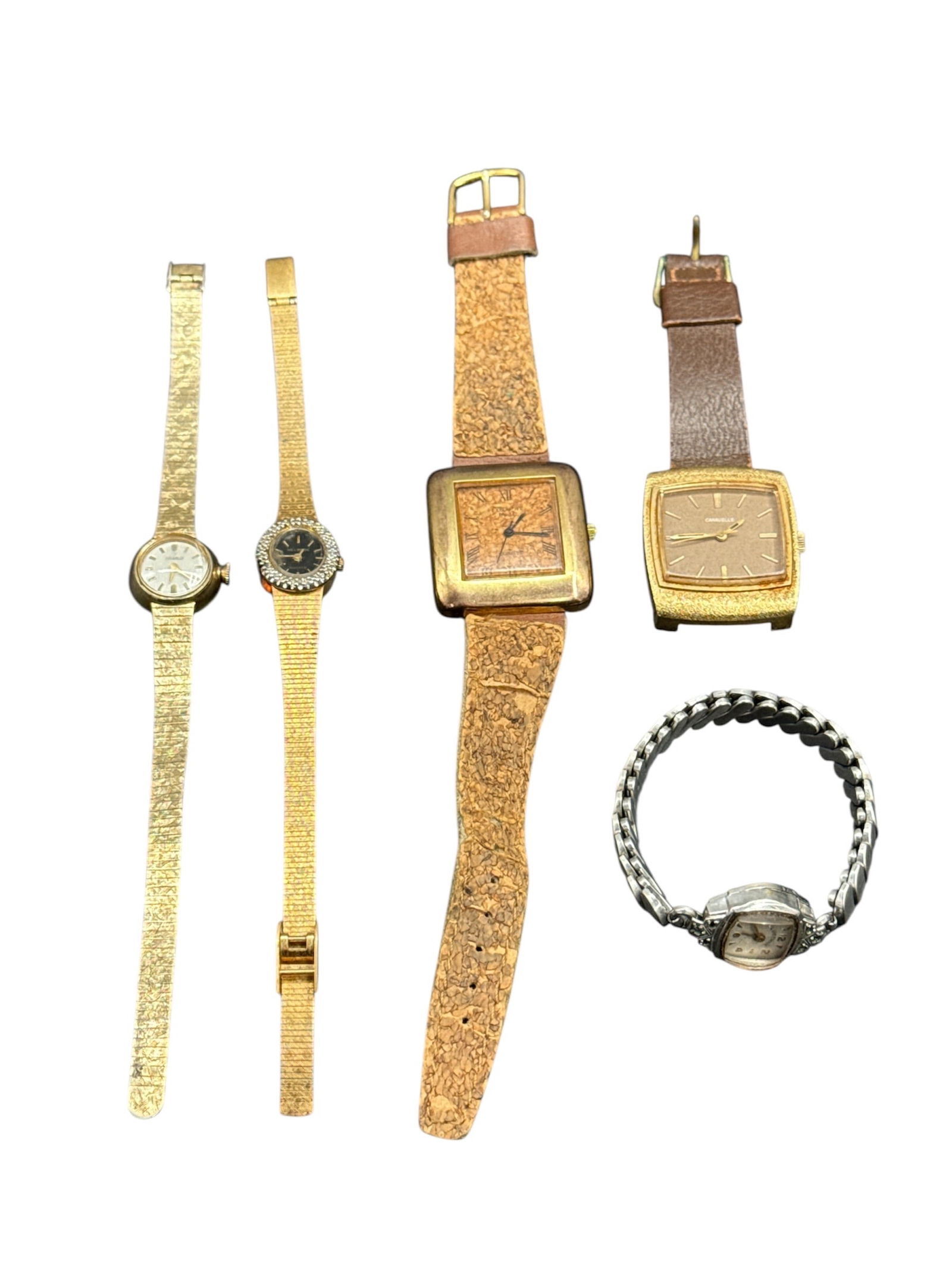 Group of Five Vintage Wristwatches Including Caravelle and Helbros: This lot includes five vintage wristwatches featuring a variety of mid 20th century designs and brands, including examples by Caravelle and Helbros. The group showcases a mix of rectangular, square, a