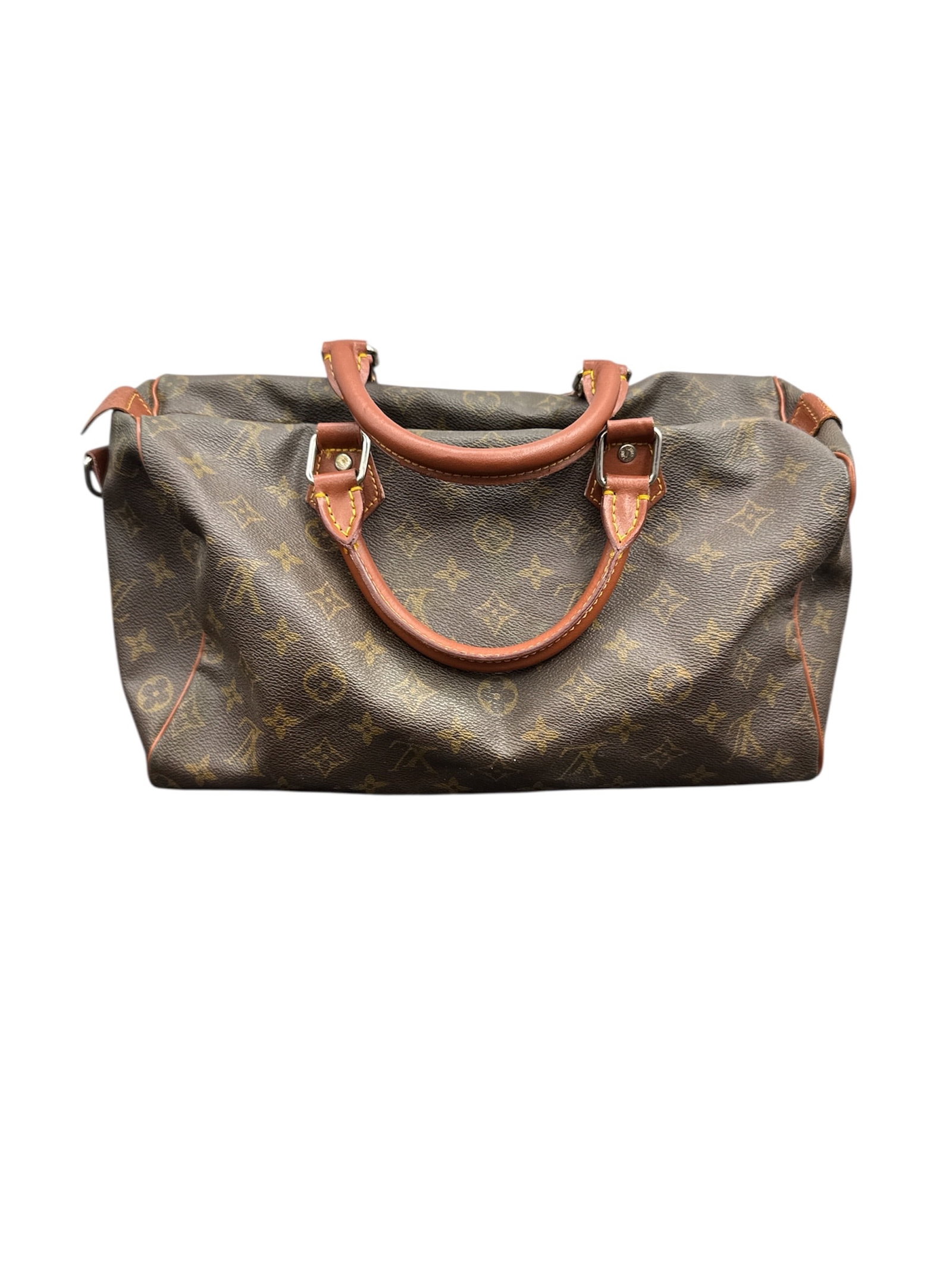 Louis Vuitton / Louis Vuitton Style Monogram Handbag Fashion Bag: This small handbag is designed in the style of the iconic Louis Vuitton monogram pattern, featuring a brown coated canvas exterior with repeating LV-style motifs and contrasting tan handles and trim.