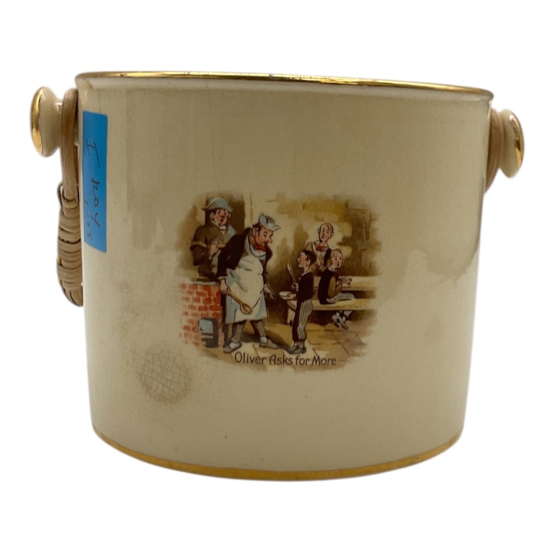 RARE Arthur Wood Dickens Series Biscuit Barrel/ Bucket l David Dines with Micawber: This rare ceramic biscuit barrel by Arthur Wood features a transfer-decorated scene titled David Dines with Micawber, drawn from Charles Dickens’ classic novel David Copperfield. The illustratio