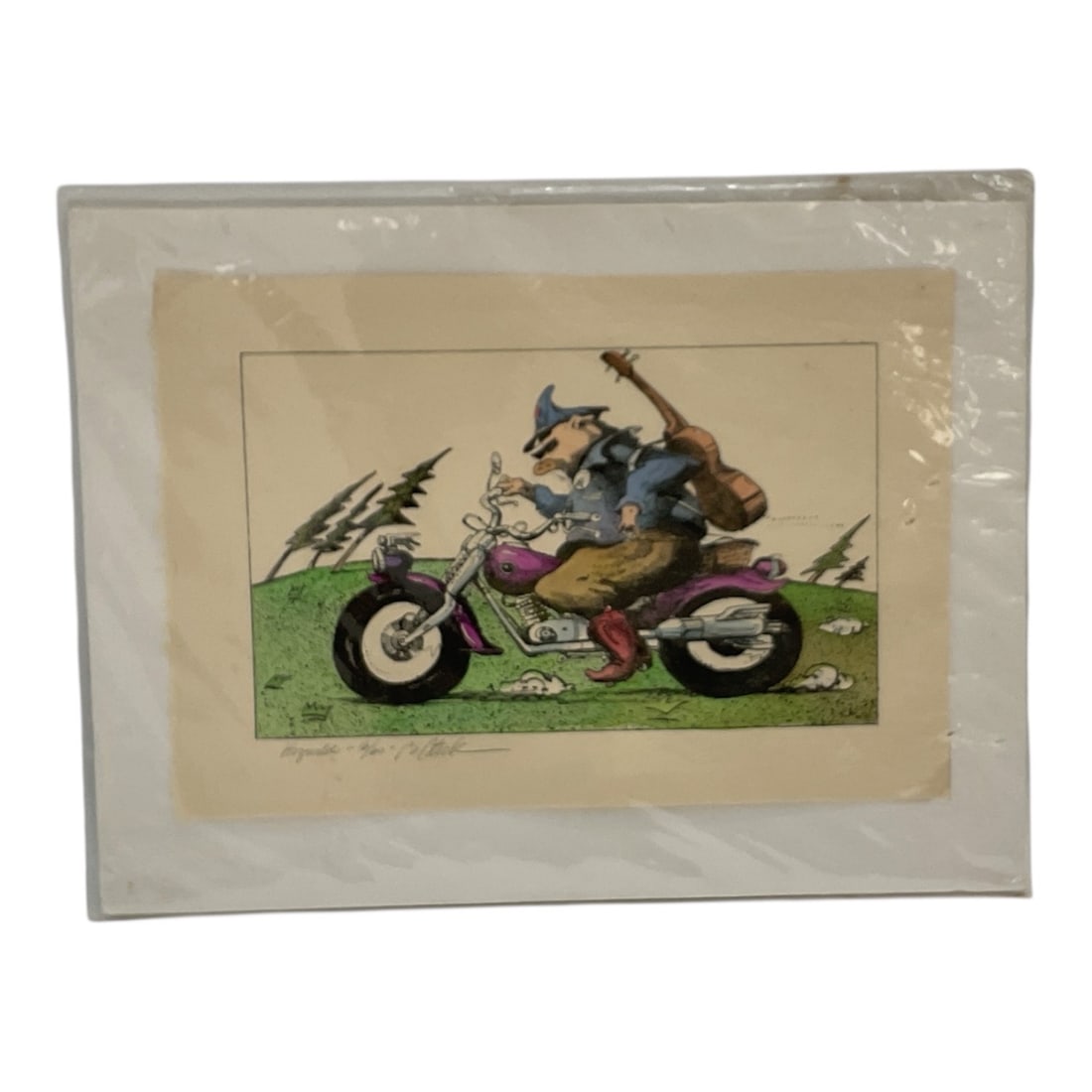 Paul Sample, British cartoonist "Ogri: This limited edition artwork titled Hogurld by Bo Sterk is issued as number 16 from an edition of 60. The composition features a whimsical, cartoon-style figure riding a motorcycle through a stylized